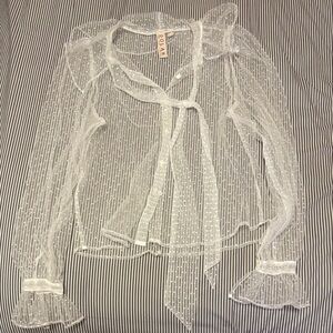 White Sheer dot blouse with ruffle collar